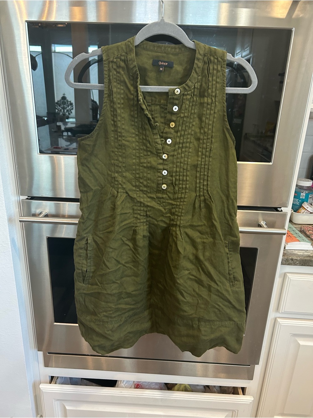 Quince Olive Green Sleeveless Pintuck Button Tunic Dress XS slight wear